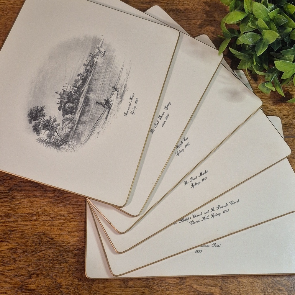 AJG Vintage Sydney Scenes Lunch Size Hardboard Placemats Cork Back, Set of 6